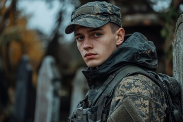Obraz premium Young soldier wearing camouflage uniform and cap standing in cemetery, looking serious and determined