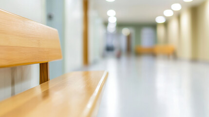 blurred hospital corridor with wooden bench in focus, creating calm atmosphere