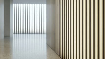 Modern interior hallway with vertical light panels creating serene atmosphere