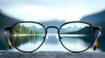 Close Up Of Eyeglasses Reflecting Scenic Mountain Lake Landscape With Green Trees And Clear Blue Water