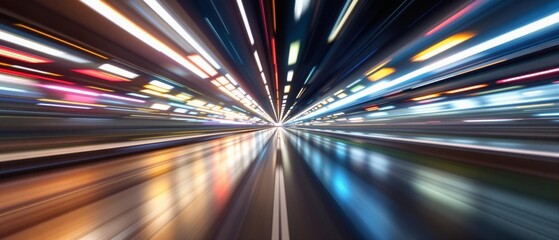 A colorful tunnel with red, pink, and blue light trails converging towards the center, suggesting intense speed.