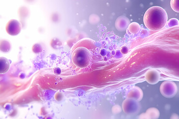Abstract representation of biological processes, showing cells and molecules interacting in a fluid environment