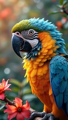 Fototapeta premium Colorful macaw parrot in tropical setting with bright feathers and exotic flowers