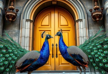 Two peacocks with iridescent plumage stand proudly at a grand doorway, house, iridescent