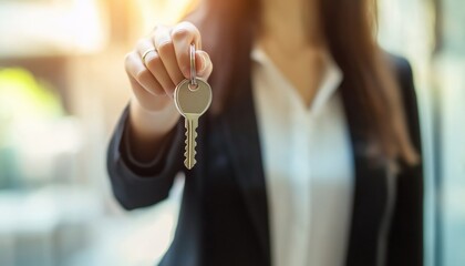 Female Real Estate Agent Representing Business, Holding House And Key, Facilitating Sales Or Rentals For Profit In Real Estate Market. Assistance In Moving And Renting Properties.