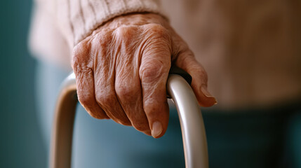 Elderly hand gripping walker, symbolizing care and support