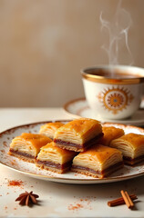 Traditional Middle Eastern Baklava with Tea and Coffee: Aromatic Oriental Pastries on a Wooden Table Setting