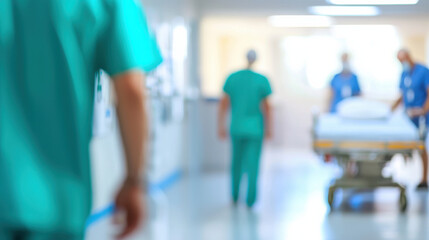 Obraz premium Blurred hospital staff in modern geriatric ward with elderly care focus