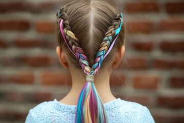 Young girl with colorful french braids and ribbons in her hair, creating a stylish and modern look