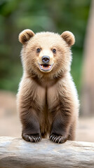 Fototapeta premium Adorable brown bear cub, standing and smiling
