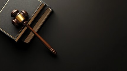 Law books and gavel on dark background