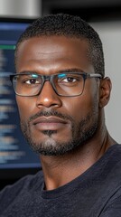 Obraz premium Focused African American Man in Glasses Working, Software Developer Portrait
