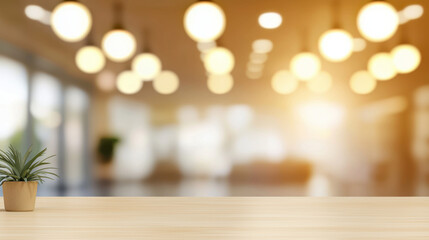 Fototapeta premium potted plant on wooden table with soft blur of warm lights in background
