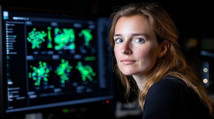 Scientist studying data on screen in laboratory, research analysis concept.