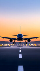 Obraz premium Airplane taxiing on runway at sunrise