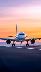 Obraz premium Airplane landing at sunrise on a runway