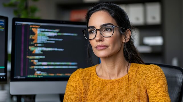 Beautiful Female Programmer Coding on Computer with Code Displayed