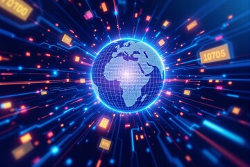 Glowing digital globe with network connections and data flow on a futuristic background, symbolizing global communication and technology. Ai generative