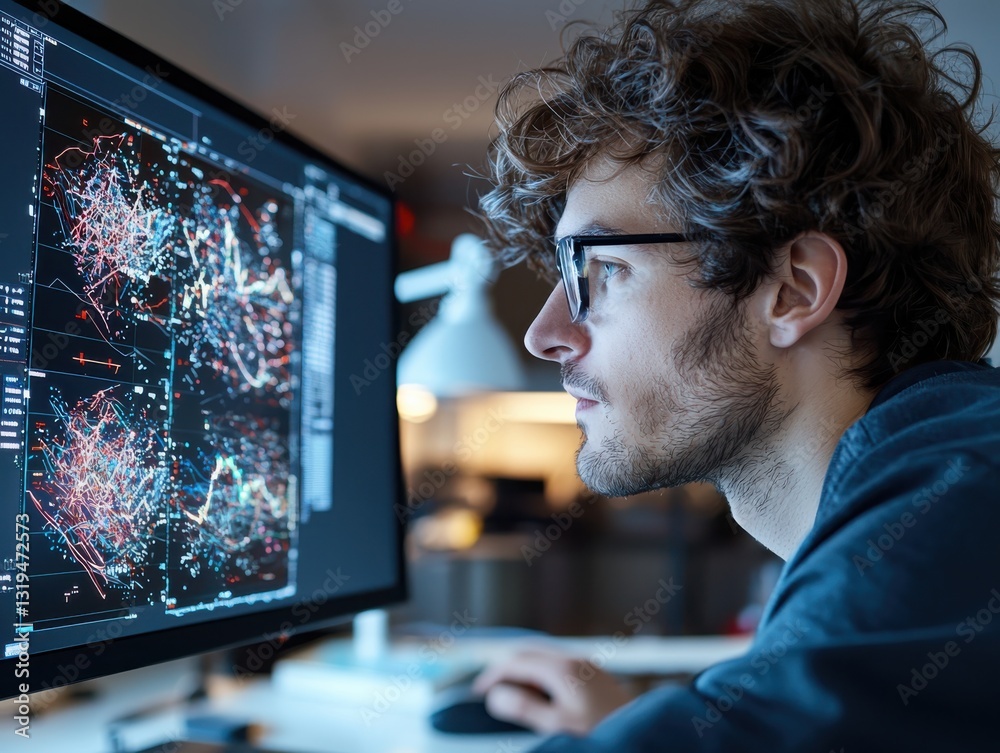 Poster engineer analyzing signal decomposition waveforms on screen at dusk illuminated by desk lamps close-