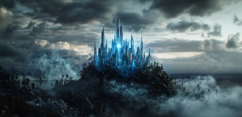 Fototapeta premium High-res digital artwork of a futuristic cityscape surreal aerial perspective in virtual gallery