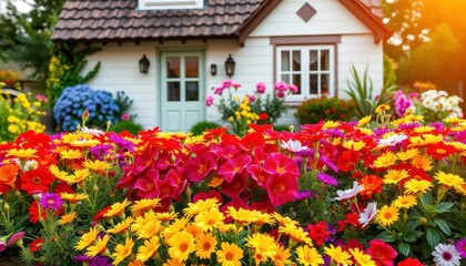 Fototapeta premium Vibrant flowerbed bursting with color before charming house, garden flowers, bloom