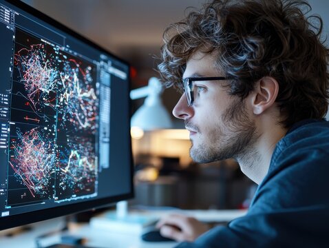 Engineer analyzing signal decomposition waveforms on screen at dusk illuminated by desk lamps close-up realistic view
