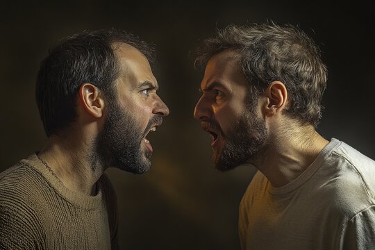 Two men arguing and screaming at each other, expressing anger and disagreement