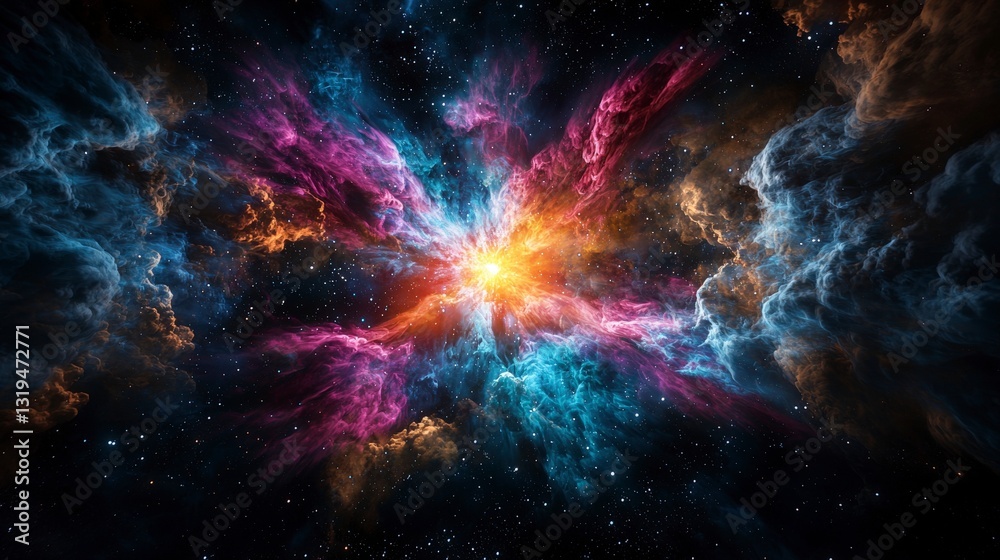 Poster dramatic supernova explosion in deep space cosmic phenomenon colorful nebula astro environment wide-