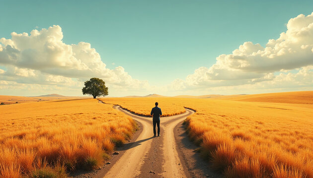 Individual standing at a crossroads in a field, representing the journey of finding purpose