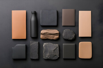 Assorted materials and objects in muted colors, arranged in a grid pattern on a dark background