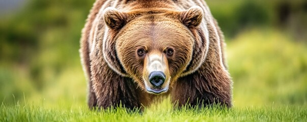 A large brown bear stands in green grassy meadow facing forward