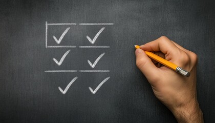 Male Hand Choosing Options By Writing A Check Mark On Checklist With A Pencil On Gray Paper. Hand On Three Check Boxes.