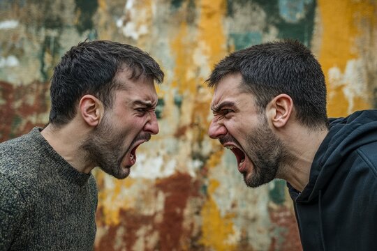 Two angry men shouting and arguing face to face in front of a grunge wall