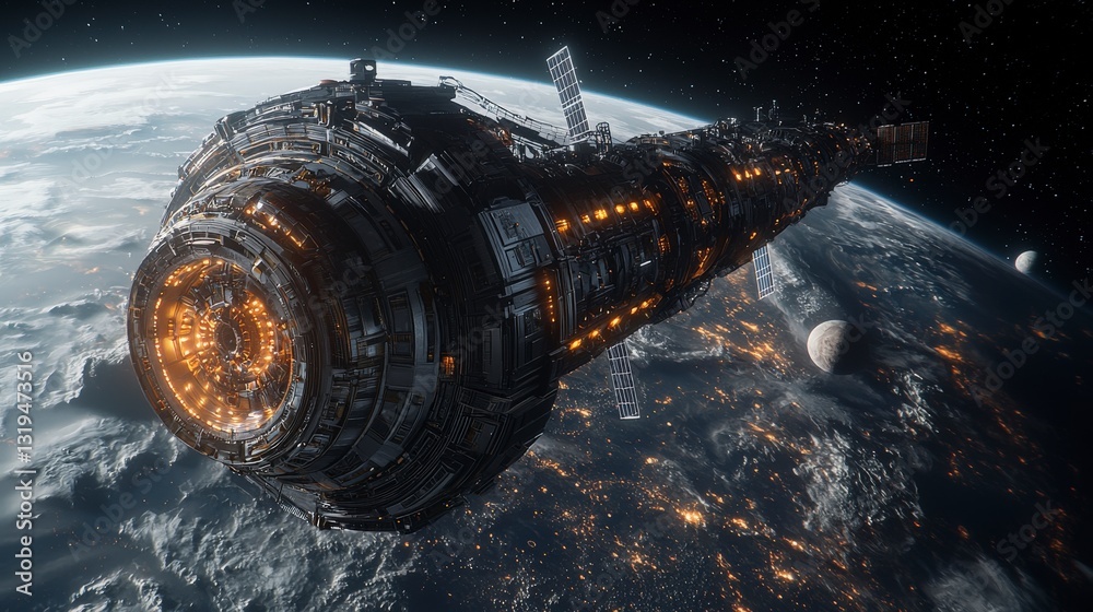 Poster futuristic space station orbiting distant planet stunning sci-fi art in a cosmic environment
