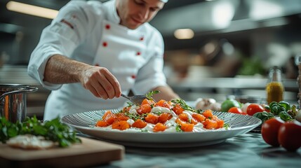 Naklejka premium Chef preparing a dish in a professional kitchen