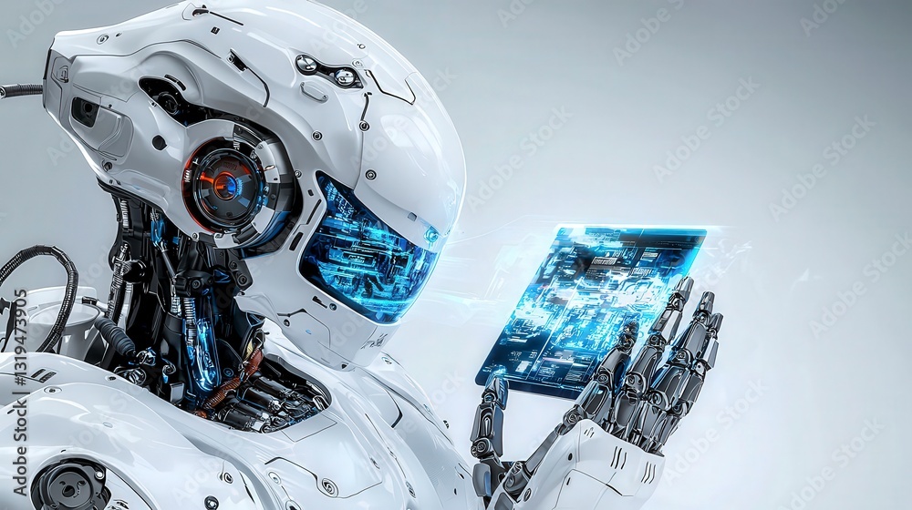 Poster Humanoid robot analyzing data futuristic laboratory digital art high-tech environment close-up view innovation
