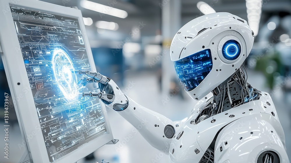 Poster Humanoid robot interacting with digital interface tech lab futuristic indoor close-up innovation