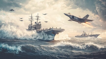 Aircraft carrier, jets, ocean storm, naval fleet, military action