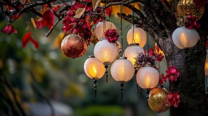 Obraz premium Joyful family gathering lanterns illuminate outdoor park celebration in a warm festive atmosphere