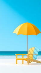 Fototapeta premium Beach chair and umbrella on a sandy beach under a bright blue sky