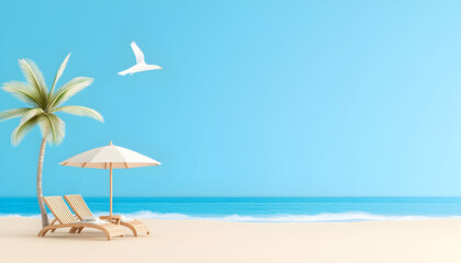 Beach scene with palm tree, umbrella, and lounge chairs