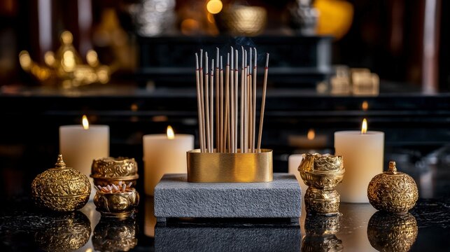 Tranquil temple altar with incense sticks a close-up of a serene cultural artifact in a peaceful environment