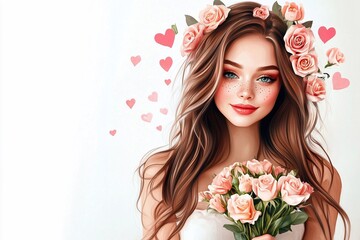 Fototapeta premium Young woman with long hair and floral crown holding bouquet against a light background
