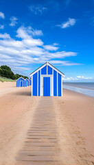 Fototapeta premium Blue beach huts on a sandy shore under a bright sky