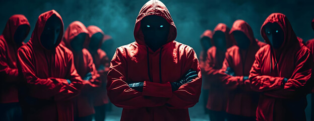 Red-hooded figures, night scene, mystery