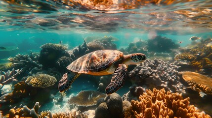 Obraz premium A vibrant and dynamic scene of a sea turtle exploring a shallow coral lagoon