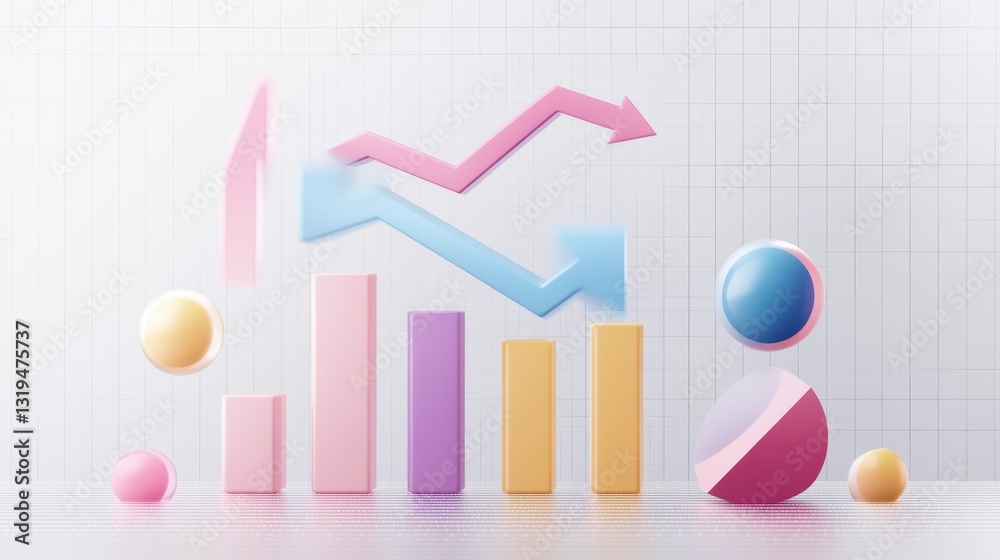 Poster pastel graph showing upward and downward trends, on a grid background. useful for business presentat