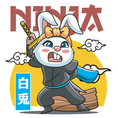 Vector Illustration of Bunny Ninja with Cute Illustration Available for Tshirt Design