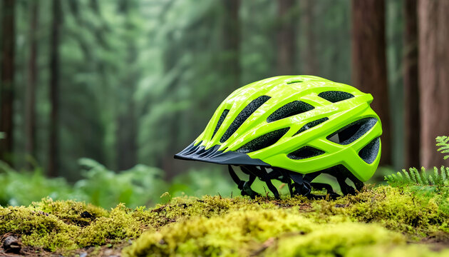 Bright lime green bicycle helmet rests on mossy forest floor