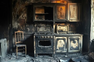 Charred Culinary Space. Interior of a Burned Kitchen with Blackened Furniture and Soot-Covered Stove